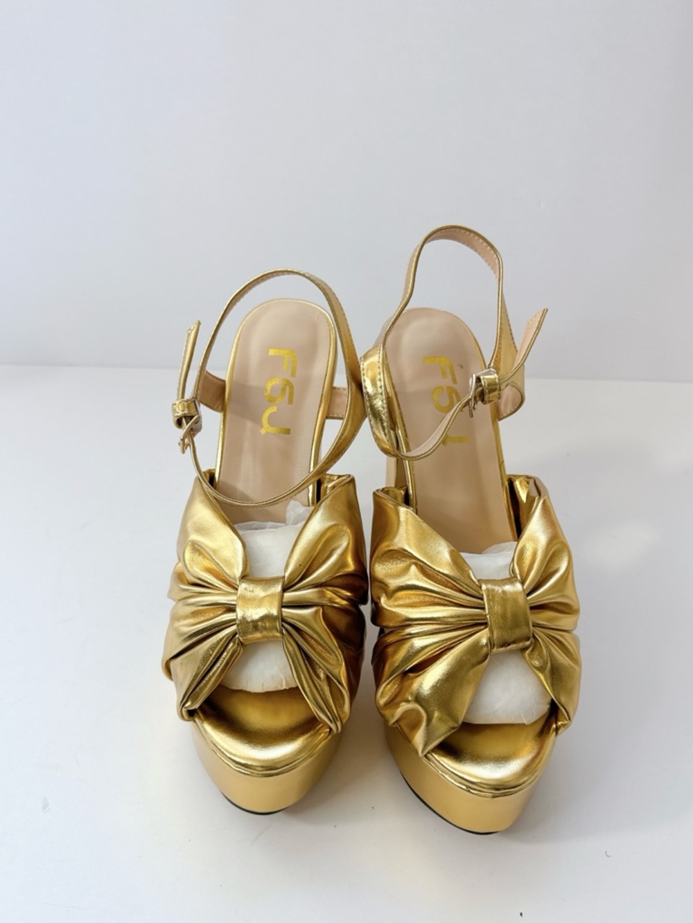 Size 7 FSJ Gold Bow Platform Heels Women’s Metallic Slingback Pumps Party Shoes